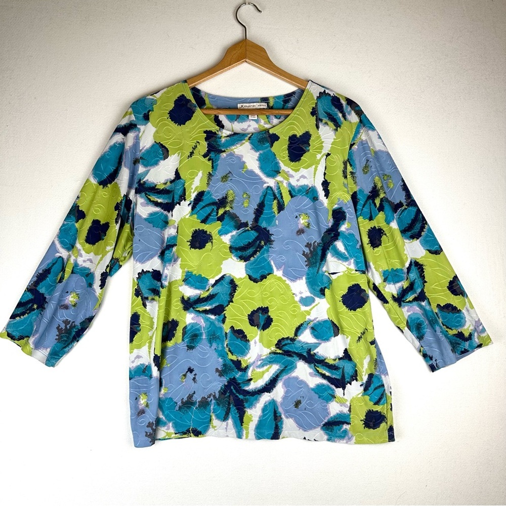 JM Collections‎ Liquid Knit Embroidered  Top Stretchy Abstract Floral